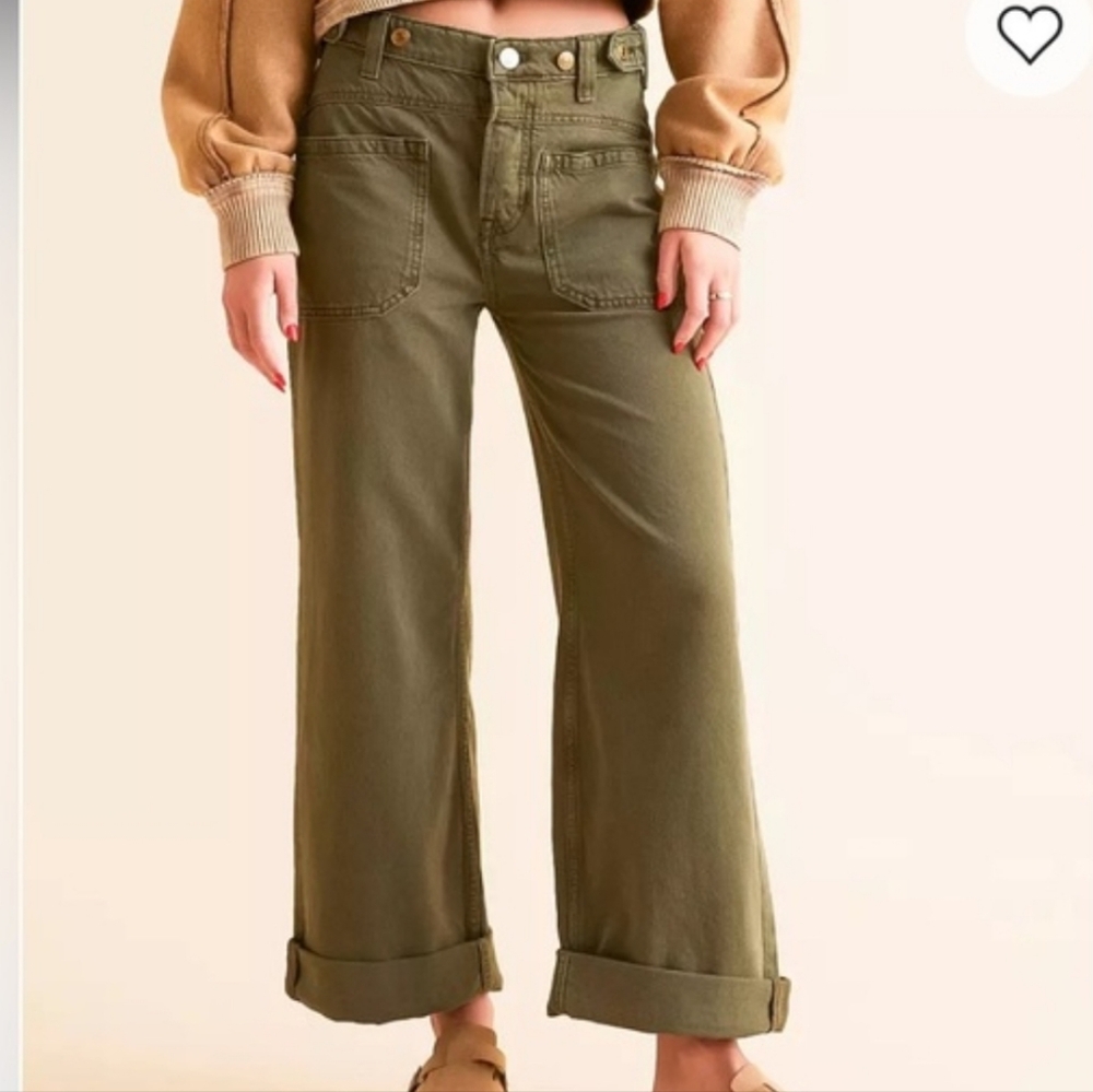 We The Free Palmer Cuffed Wide Leg Sqaure Pocket Jeans NWT Moss